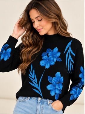 Black Floral crew Sweater with Blue Blooms vintage